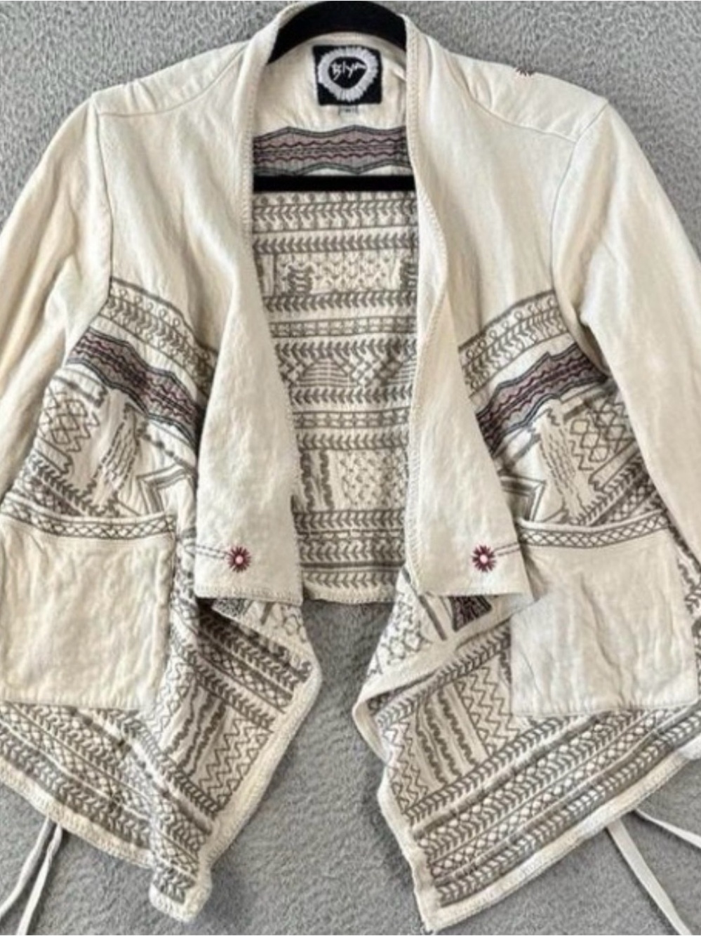 Johnny Was Cream Textured Open-Front Cardigan with Drawstrings